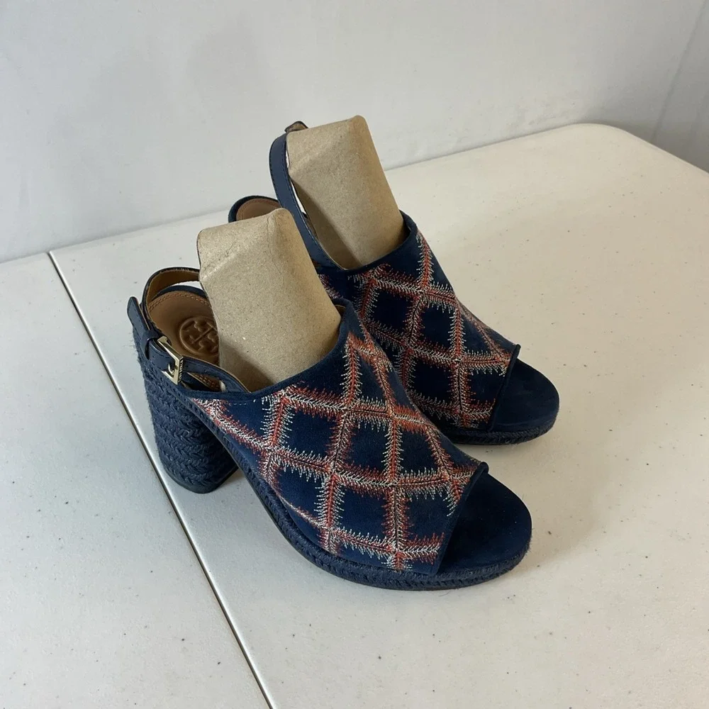 Tory Burch Trinity‎ suede embroidered Espadrille sandals heels Size 7.5 blue